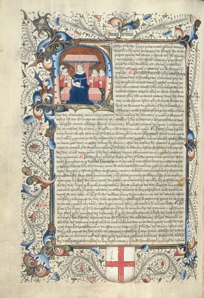 Hendrik V (1387-1422) en enkele hovelingen afgebeeld binnen de initiaal H, uit Cartae Antiquae, eind 15e eeuw door English School